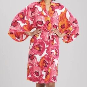 NWT Natori Poppy Floral Print Kimono Robe Large Pink Orange Belted